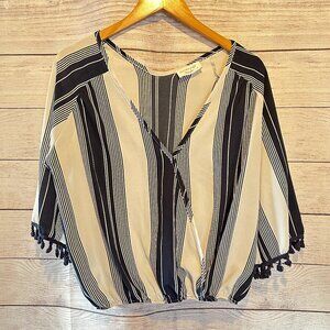 Anthropologie Lavender Field Striped Wrap Cropped Top, 3/4 sleeves w/tassels L